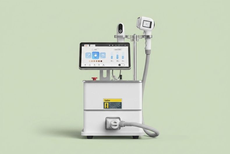 Dispositivo medico con display touchscreen, manipolo e tubo flessibile su un mobiletto bianco su sfondo verde chiaro.