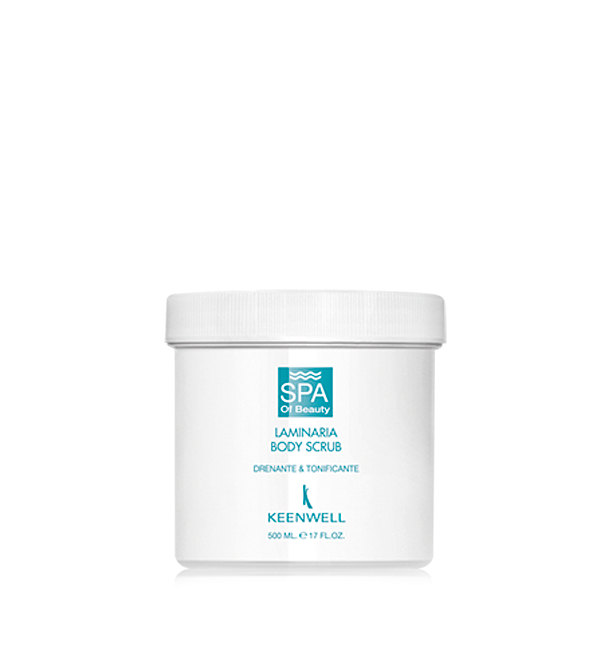 Vasetto bianco di scrub corpo idratante Spa by Kenra con etichetta e coperchio turchesi.