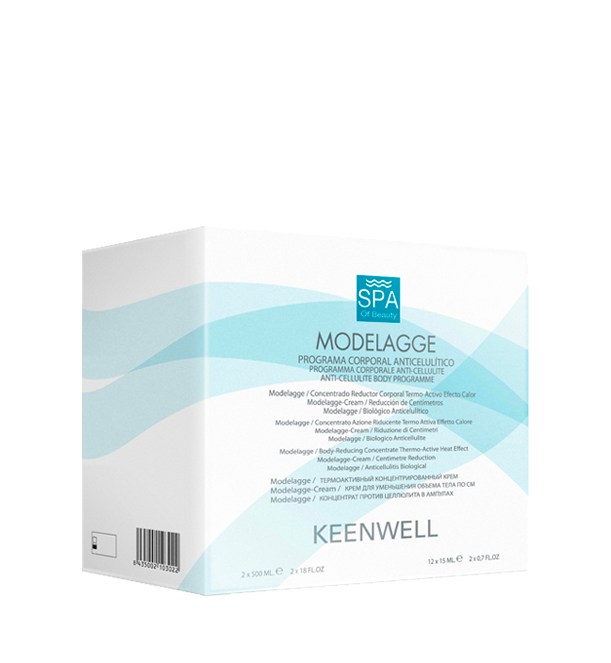 Scatola per prodotti per la cura della pelle KEENWELL SPA Modelage bianca e acquamarina con motivo a onde su sfondo bianco.