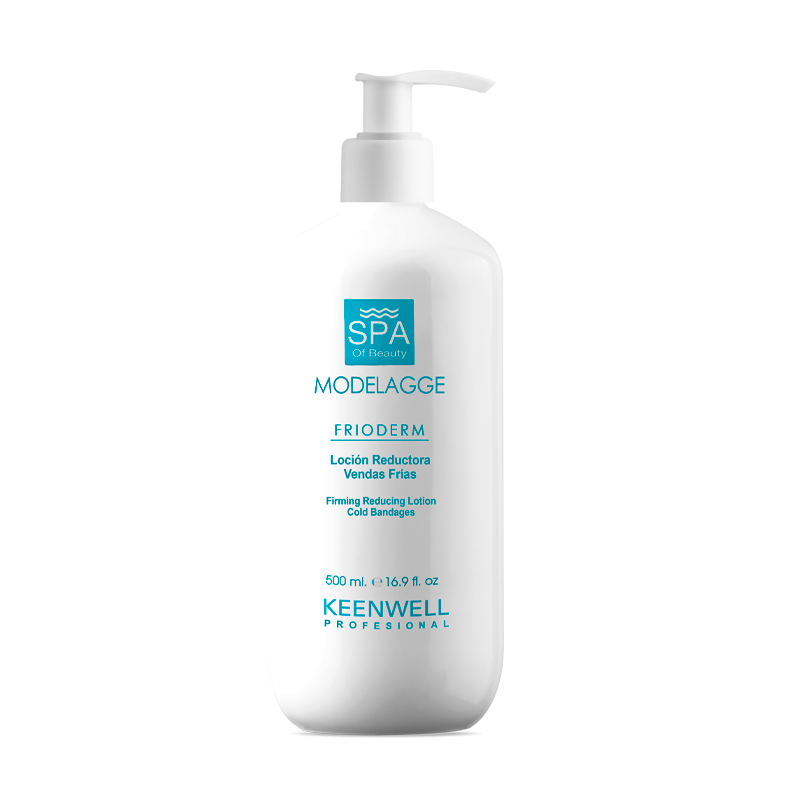 Flacone bianco con dosatore a pompa di lozione idratante Keenwell SPA su sfondo neutro.