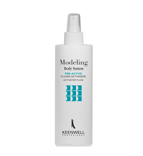 Flacone bianco di spray modellante per il corpo Keunwell con dettagli blu su sfondo bianco.