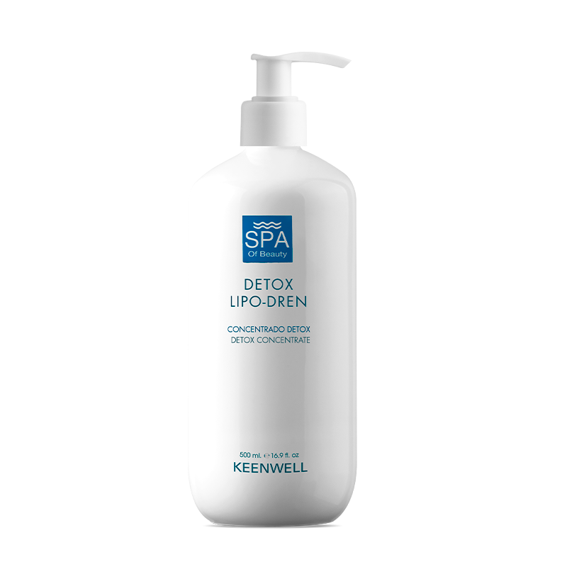 Flacone bianco con dosatore a pompa di crema corpo SPA Detox Lipo-Dren su sfondo neutro