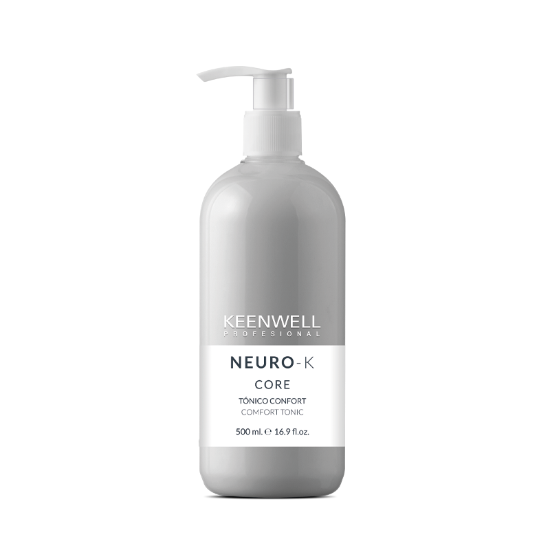 Flacone con dosatore a pompa grigio del prodotto per capelli KENWELL NEURO-K CORE su sfondo bianco.