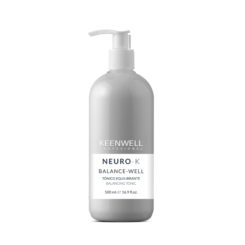Flacone con dosatore a pompa grigio del prodotto per la cura della pelle KENNWELL NEURO-K BALANCE-WELL su sfondo bianco.