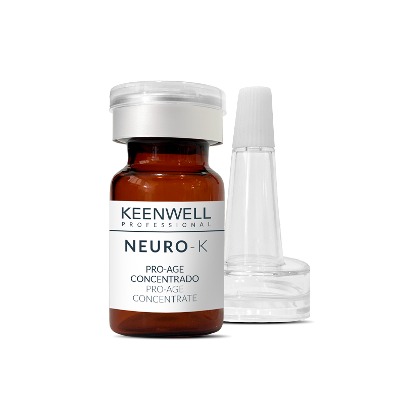 Flacone ambrato e contagocce di KEENWELL Neuro-K, concentrato anti-età, su sfondo bianco.