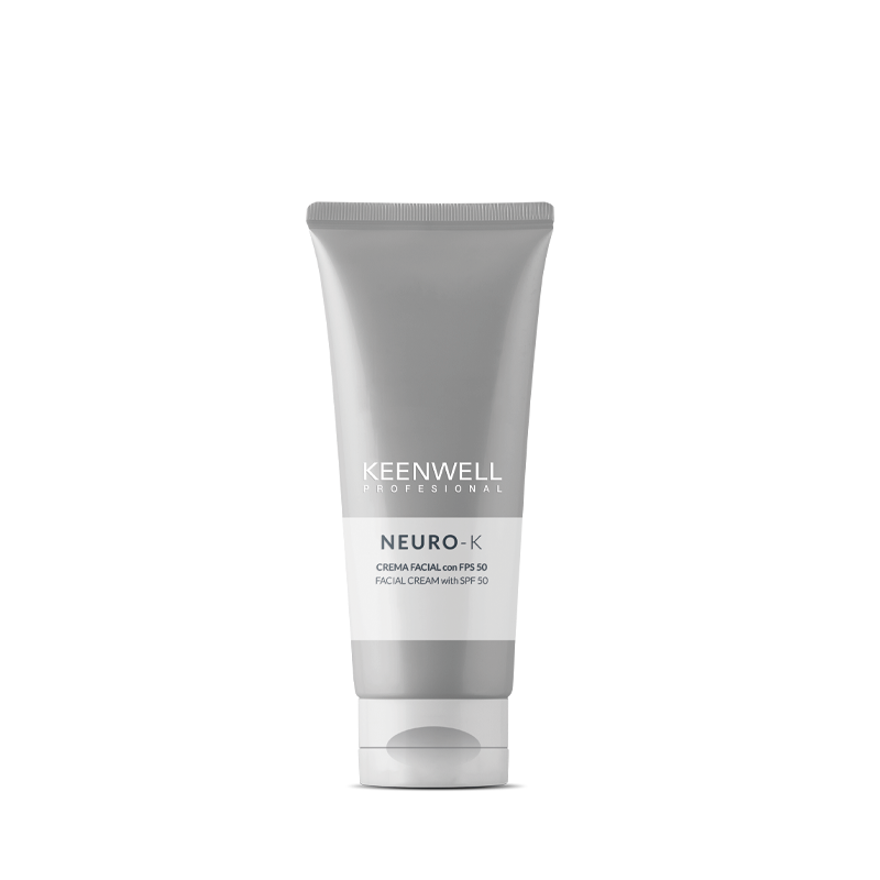 Tubetto grigio di KEENWELL NEURO-K per la cura della pelle su sfondo bianco.