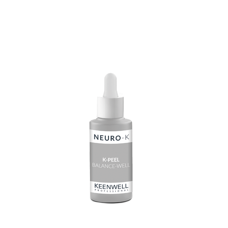 Piccola boccetta contagocce argentata di NEURO-K X-PEEL Balance White di Keenwell su sfondo bianco