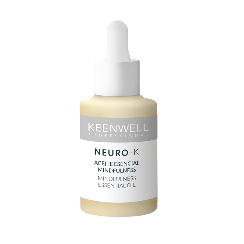 Flacone di olio essenziale Kenwell Neuro K con contagocce bianco ed etichetta beige su sfondo bianco.