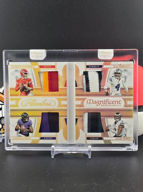 Four-panel baseball card with red, black, purple, and gray jersey swatches on a clear stand