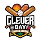 Clever Bay Sports & Gaming logo with baseball, basketball, bat, and poker chip on a white background