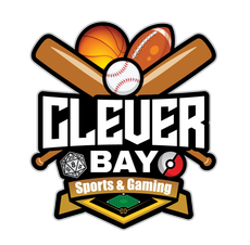 Clever Bay Sports & Gaming logo with baseball, basketball, bat, and poker chip on a white background