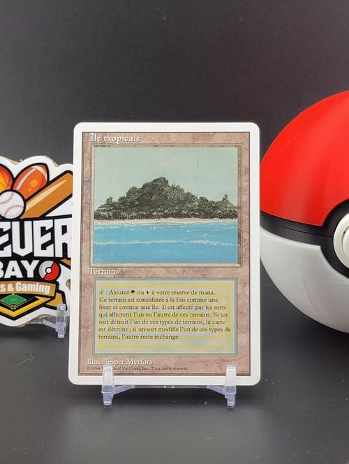 Pokémon card on stand beside a Poké Ball and Pokémon GO logo backdrop