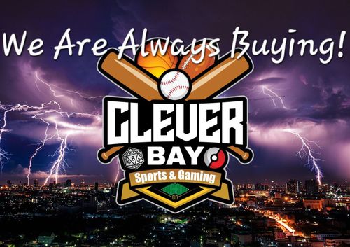 Clever Bay Sports & Gaming logo over lightning skyline with “We Are Always Buying!” text