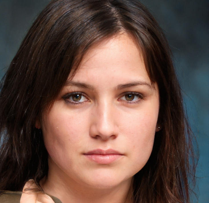 A close up of a woman 's face with a blue background.