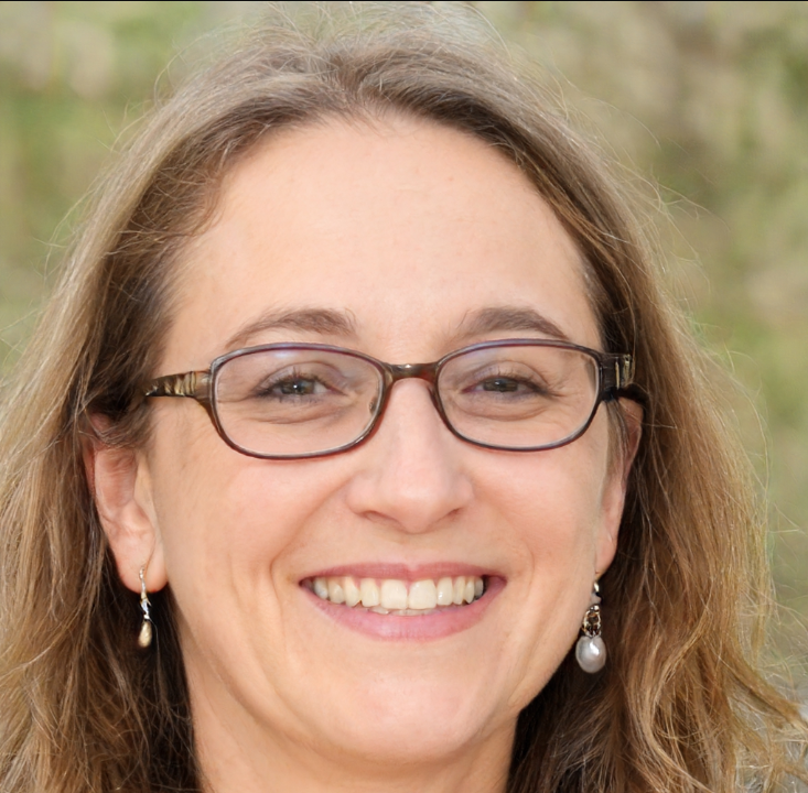 A woman wearing glasses and earrings smiles for the camera