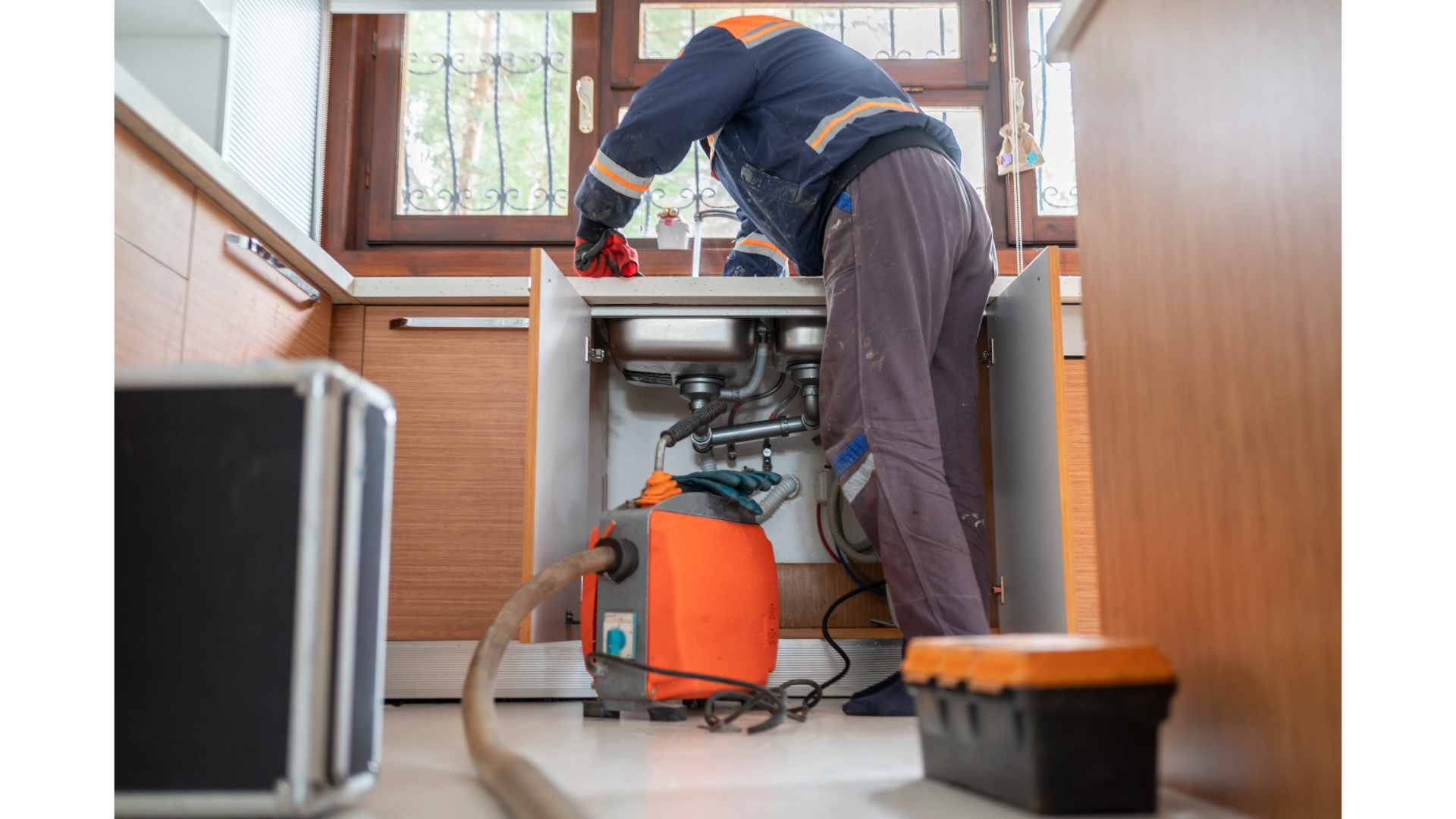 A plumber is fixing a sink in a kitchen with a vacuum cleaner.