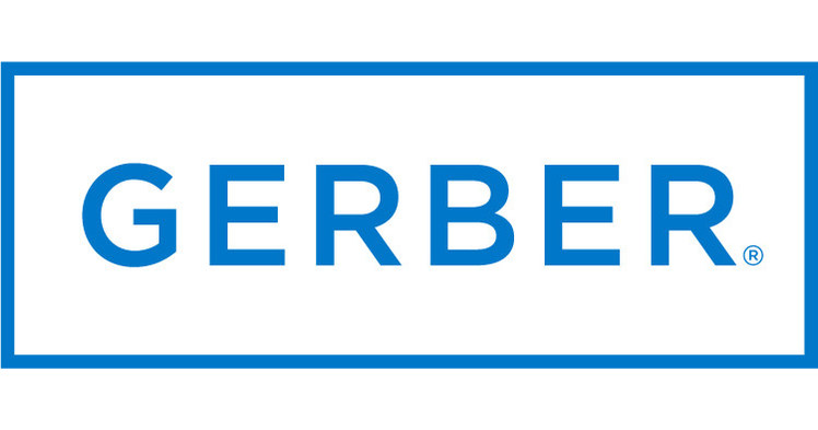 The gerber logo is blue and white with a blue frame.