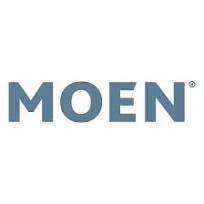 The moen logo is blue and white on a white background.