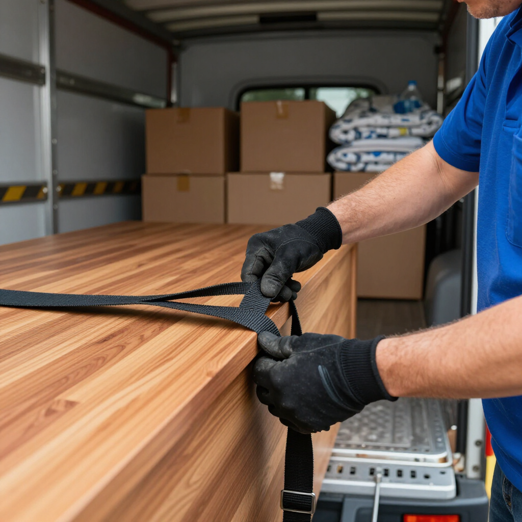 Un trabajador asegura muebles de madera con correas negras dentro de un camión de mudanzas.