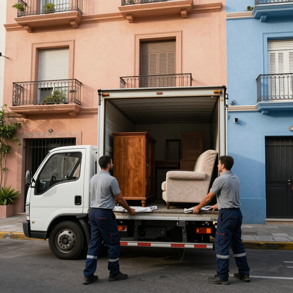 Dos operarios de mudanzas descargan un camión con muebles en una calle frente a edificios coloridos.