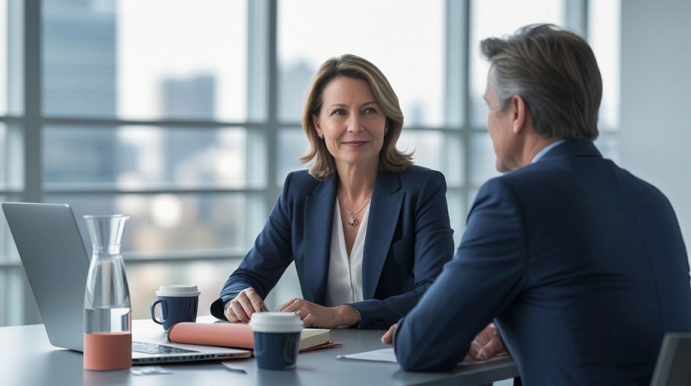 Two people in conversation at a meeting table, a fundraiser meeting a corporate partner