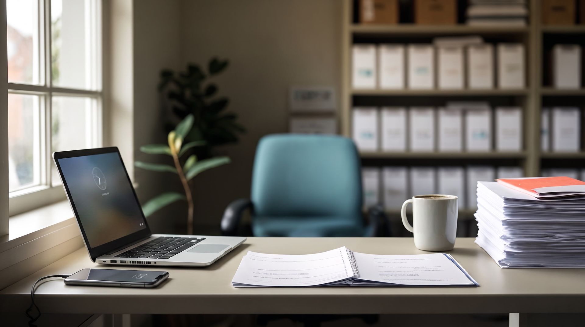 Home office desk with open laptop, papers, coffee mug, and stacked documents by a window