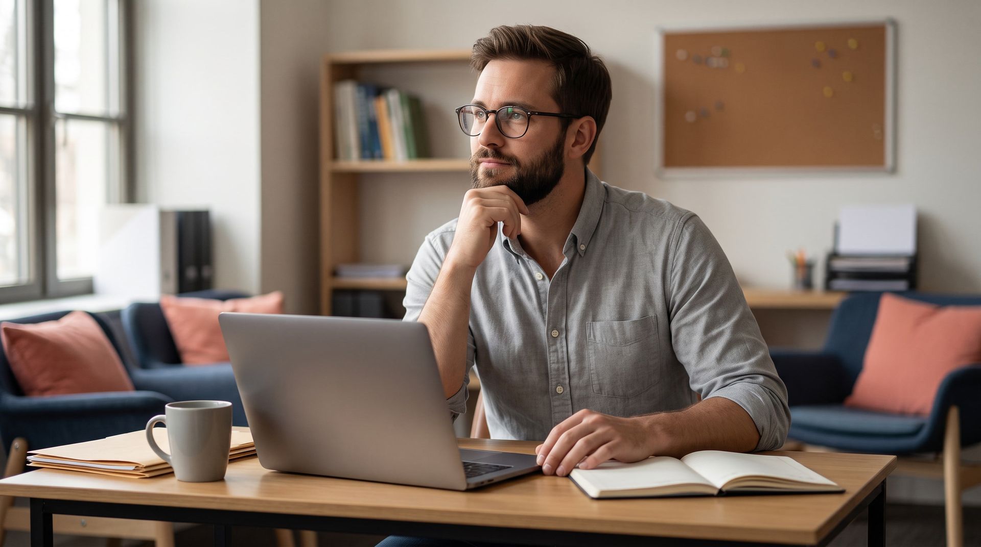 Man sitting at a desk with a laptop, notebook, and coffee mug in a home office, looking thoughtfully aside