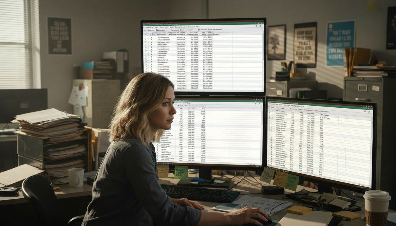 Person working at a desk with three monitors in a cluttered office, focused on data on the screens