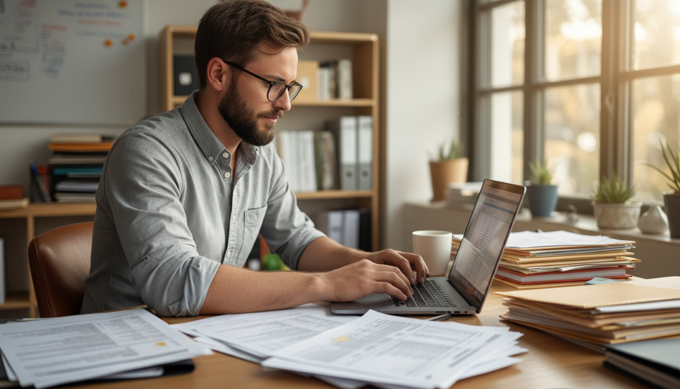Man working on a laptop at a cluttered desk in a sunlit office
