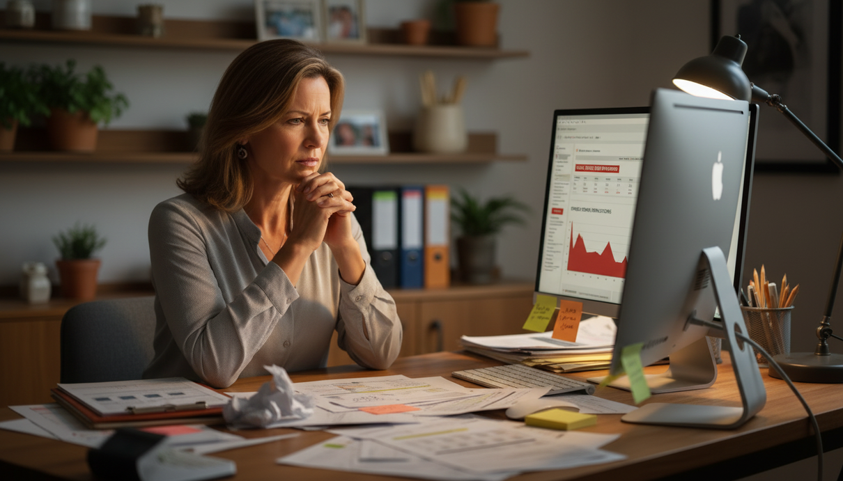 Woman working at a desk with a computer and papers in a home office, looking thoughtful.
