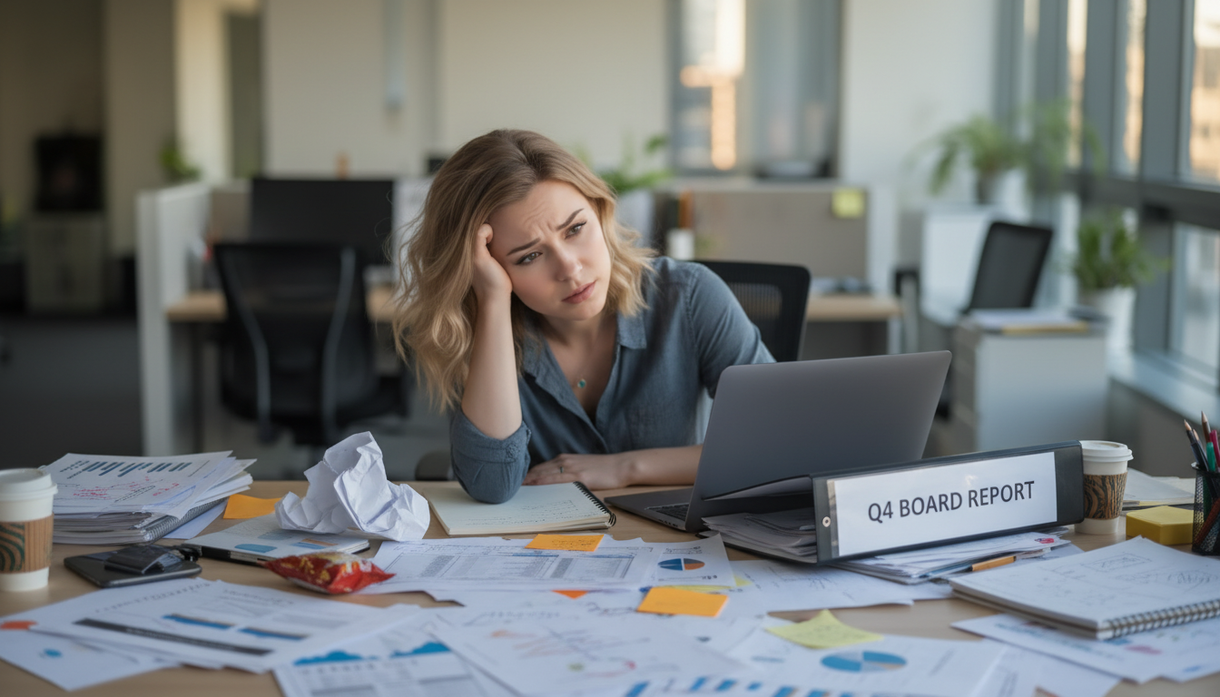 Person sitting at a cluttered desk, looking stressed while working on a laptop in an office.