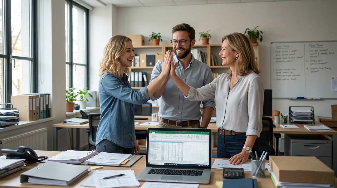 Three coworkers high-five in a bright office with laptops, papers, and a whiteboard.