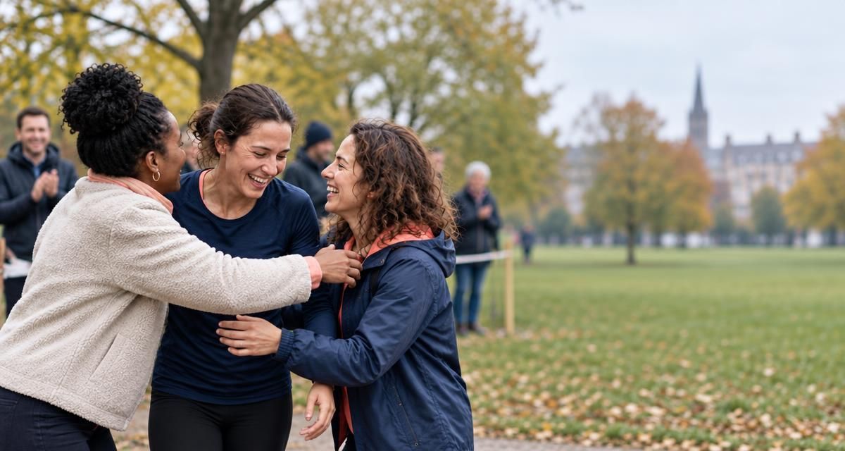 A runner is hugged by two friends after crossing the finish line of a small charity run in a park.