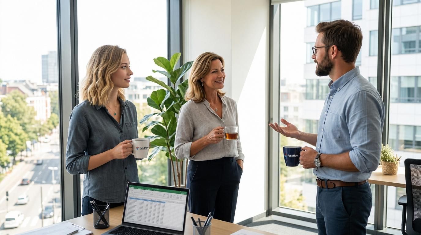 Three coworkers chatting in a bright office with laptops and drinks near large windows.