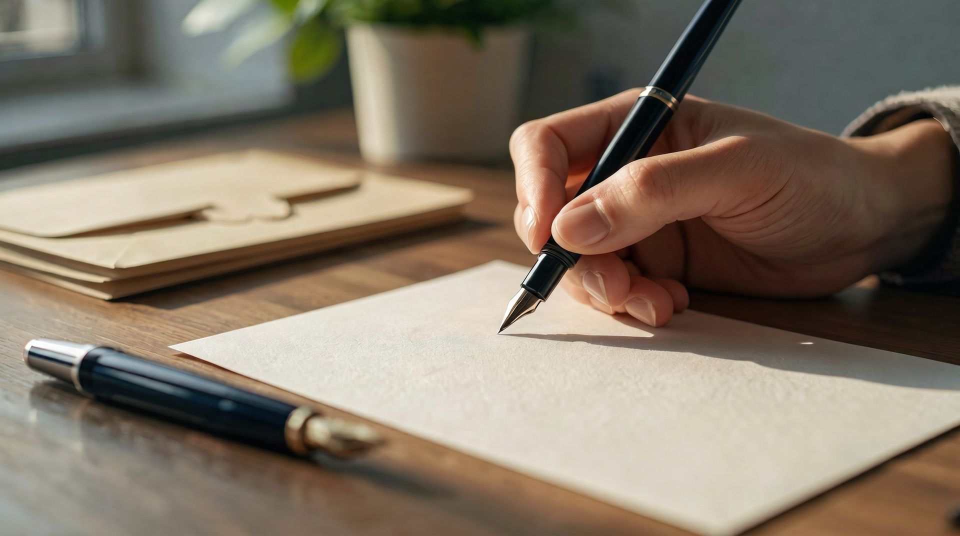 Hand writing on blank paper at a wooden desk with a fountain pen and notebook nearby