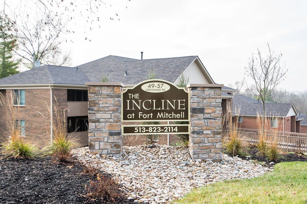 The Incline at Fort Mitchell.-  Outdoor sign on brick wall