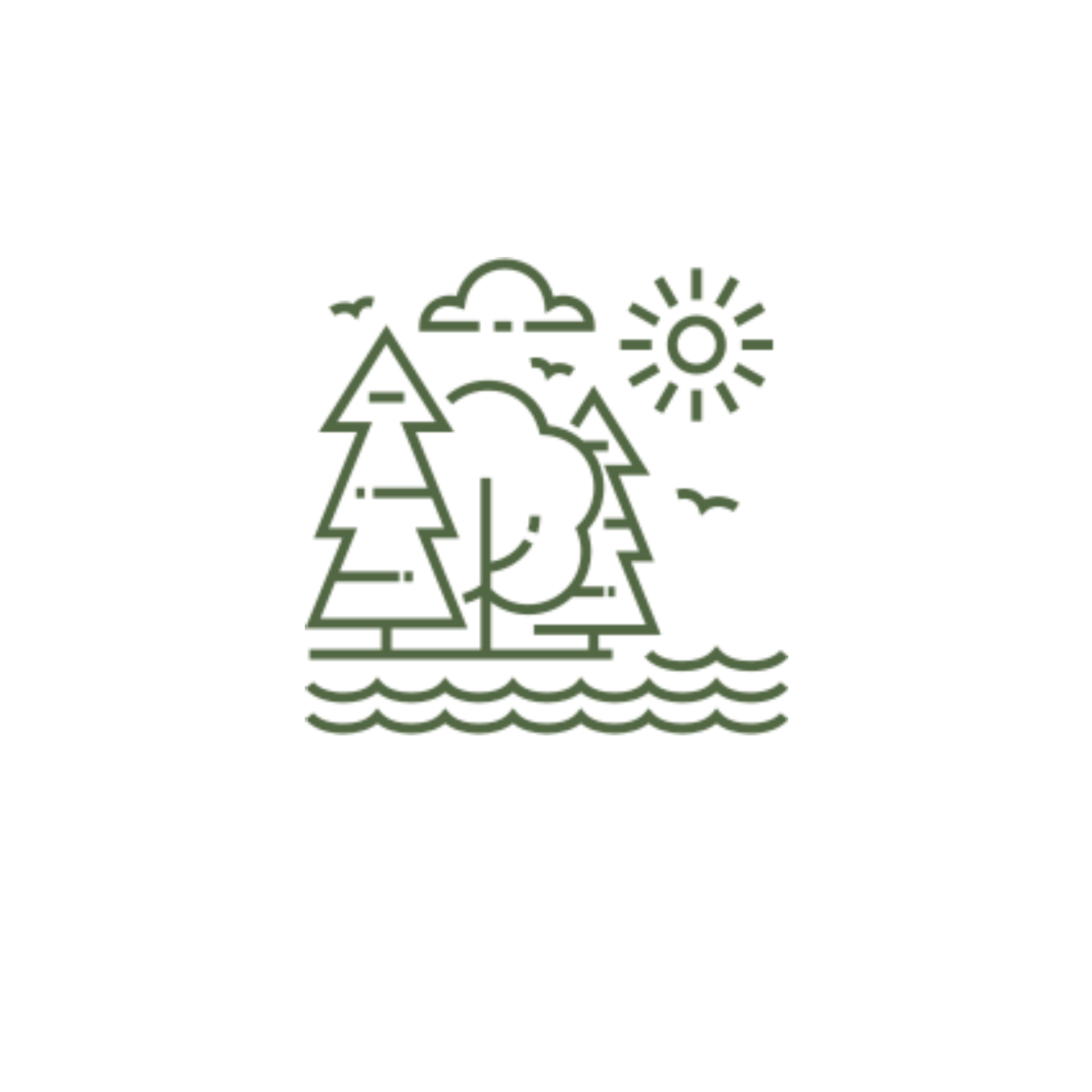 Trees, sun, clouds, birds and waves in a linear style, nature scene.