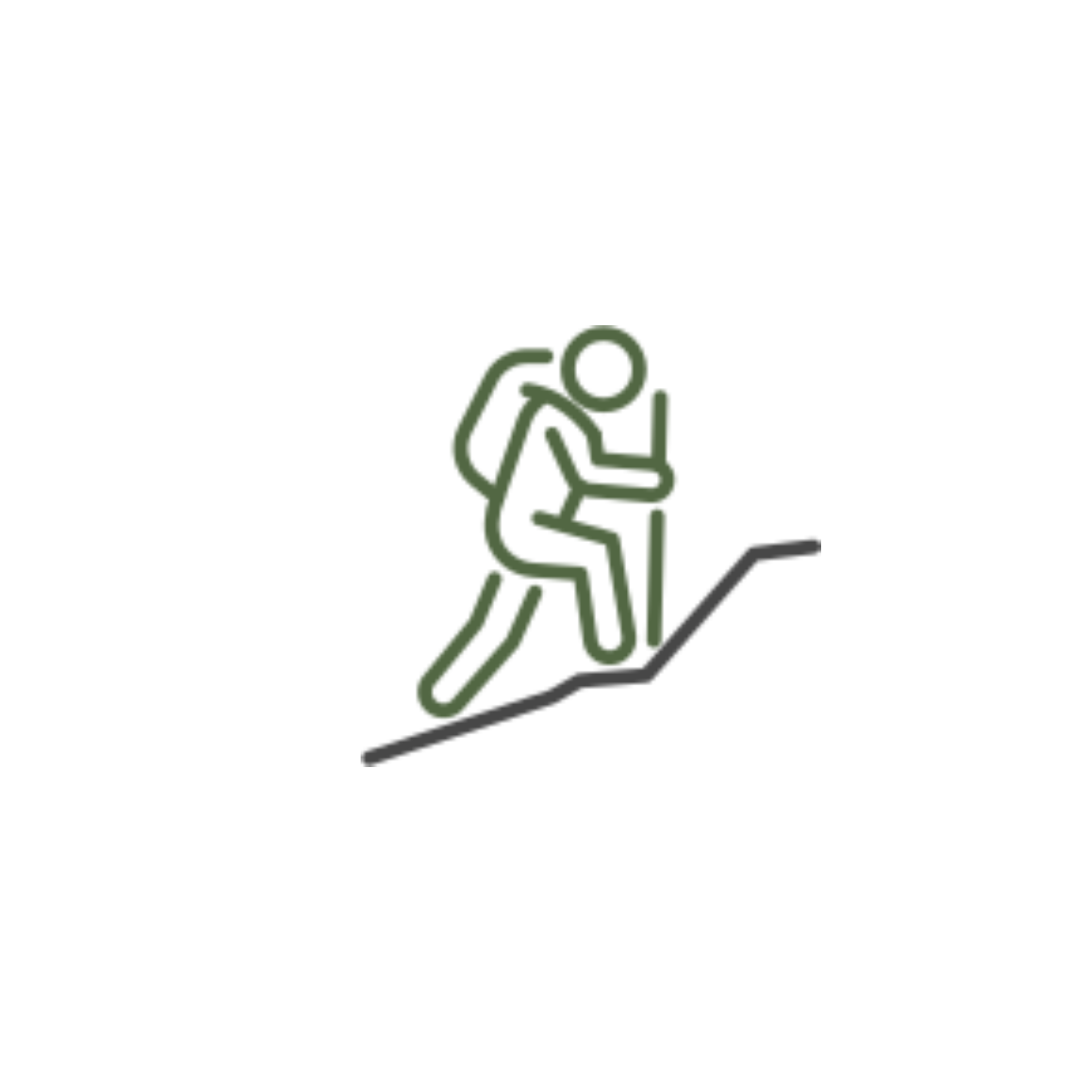 Hiker with a backpack ascending a hill, using a walking stick. Green and dark grey line art on white.