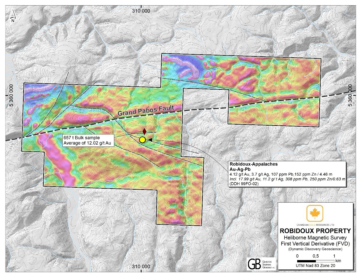 A map of Canadian Gold Resources Robidoux Project - Heliborne Magnet Survey.