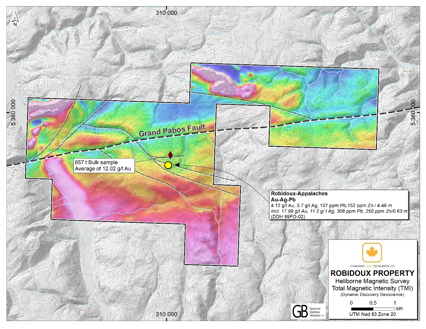 A map of Canadian Gold Resources Robidoux Project - Heliborne Magnet Survey.