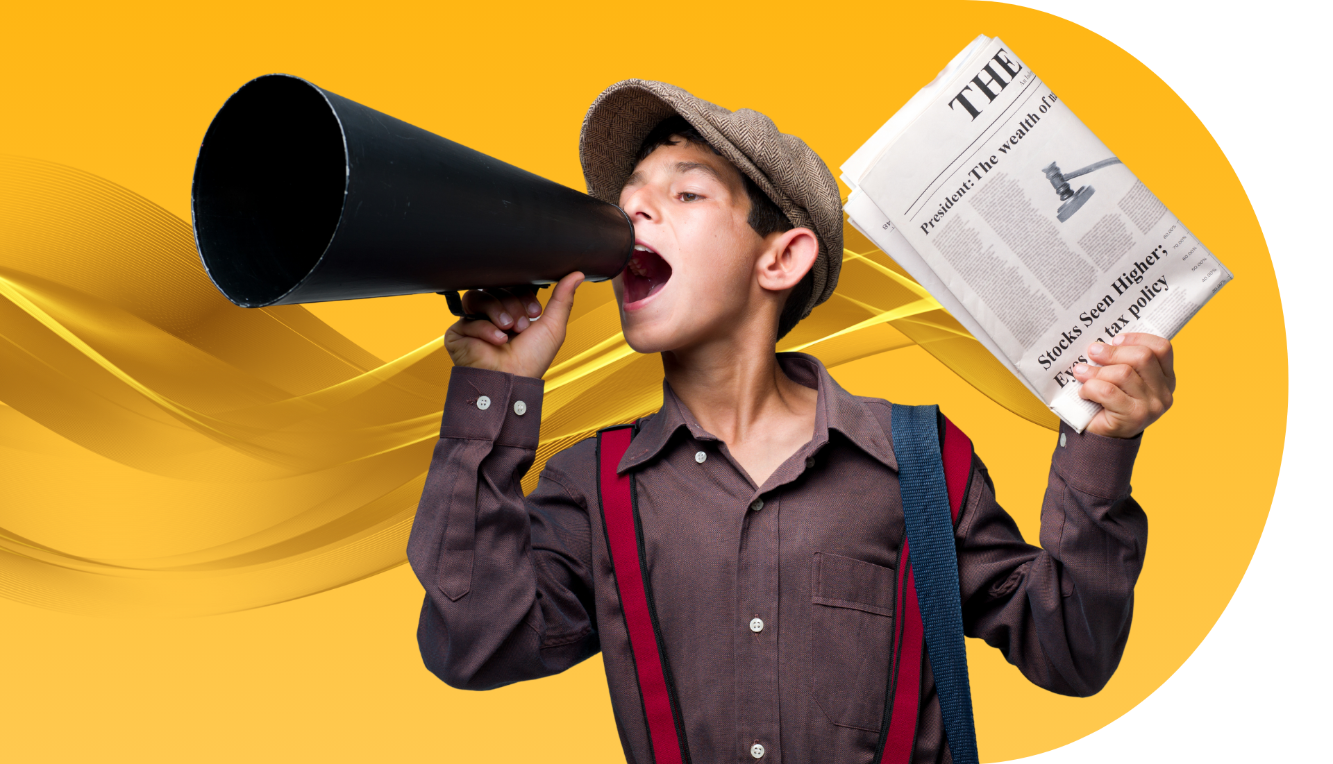 A young boy is holding a newspaper and a megaphone.