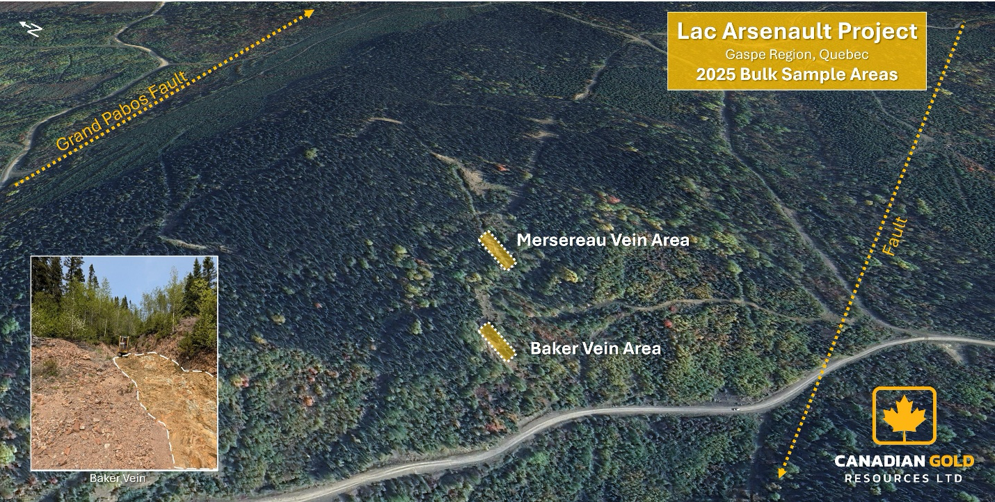 Figure 1 – Aerial view of the Lac Arsenault Project showing the Baker and Mersereau vein system areas. The upcoming bulk sample will be extracted from these zones. 