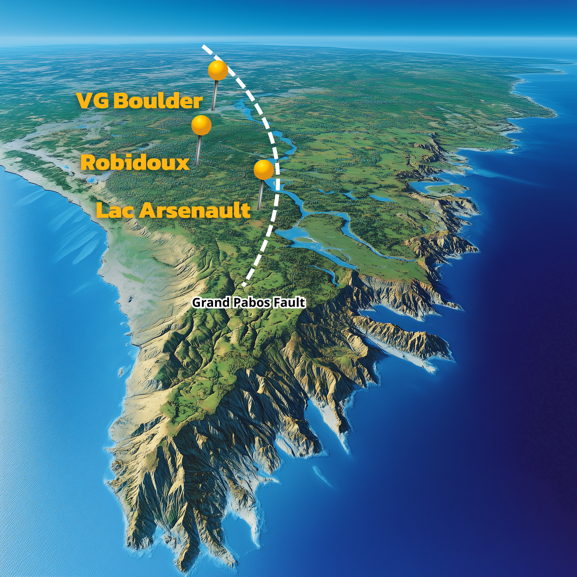 A map showing the location of vg boulder robidoux and lac arsenault