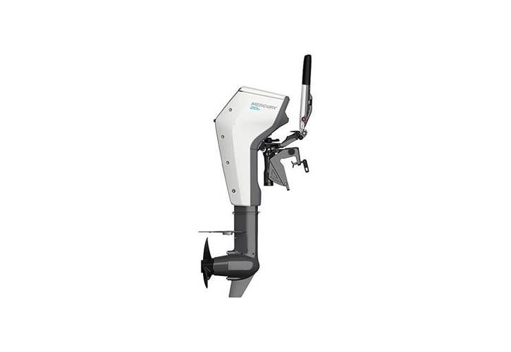 A white and gray outboard motor with a handle on a white background.