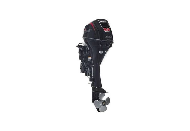 A black outboard motor with a propeller on a white background.