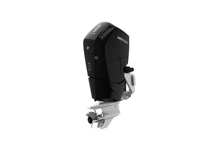 A black outboard motor on a white background.