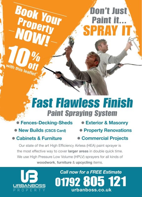 Urban Boss Paint Spraying Leaflet with a 10% Discount Offer. 
Paint Spraying System
Fast Flawless Finish
Don't just paint it, spray it