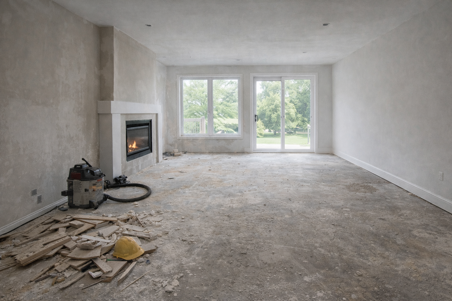Living Room Construction before construction cleaning.