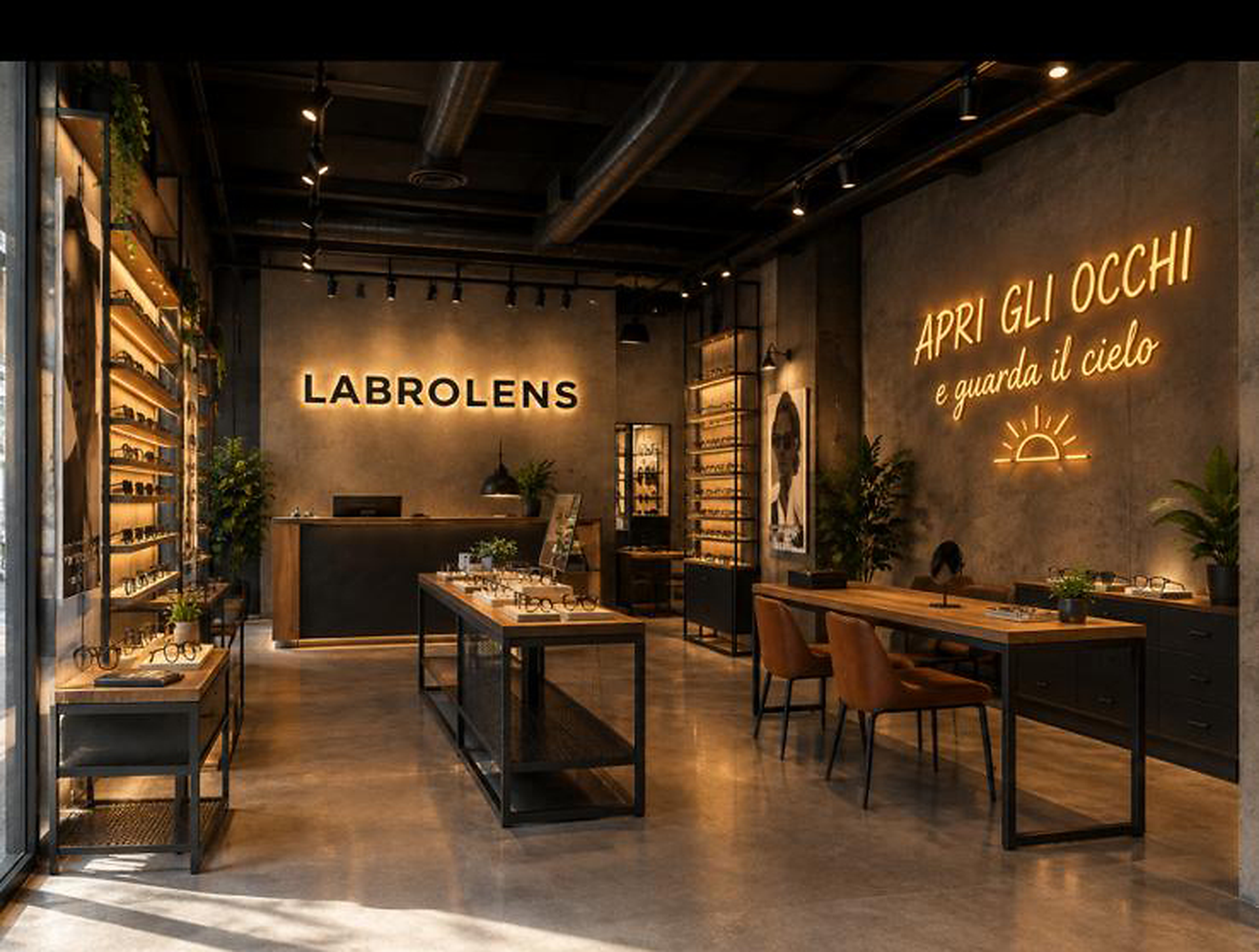Modern eyewear store interior with warm lighting, display shelves, and LABROLENS signage on the back wall