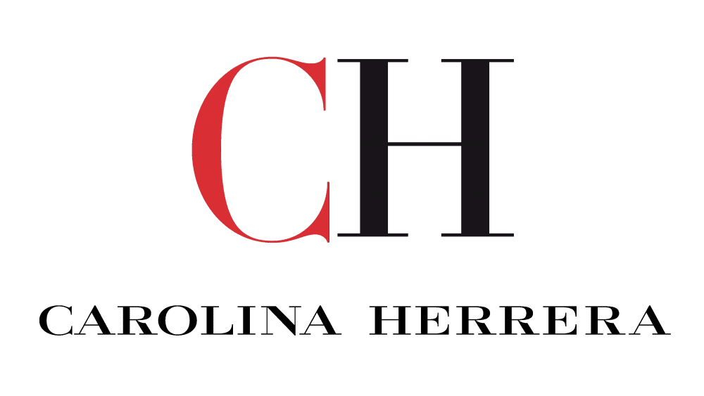 Logo di Carolina Herrera con le lettere “CH” in rosso e nero sopra il nome del brand in caratteri serif neri.